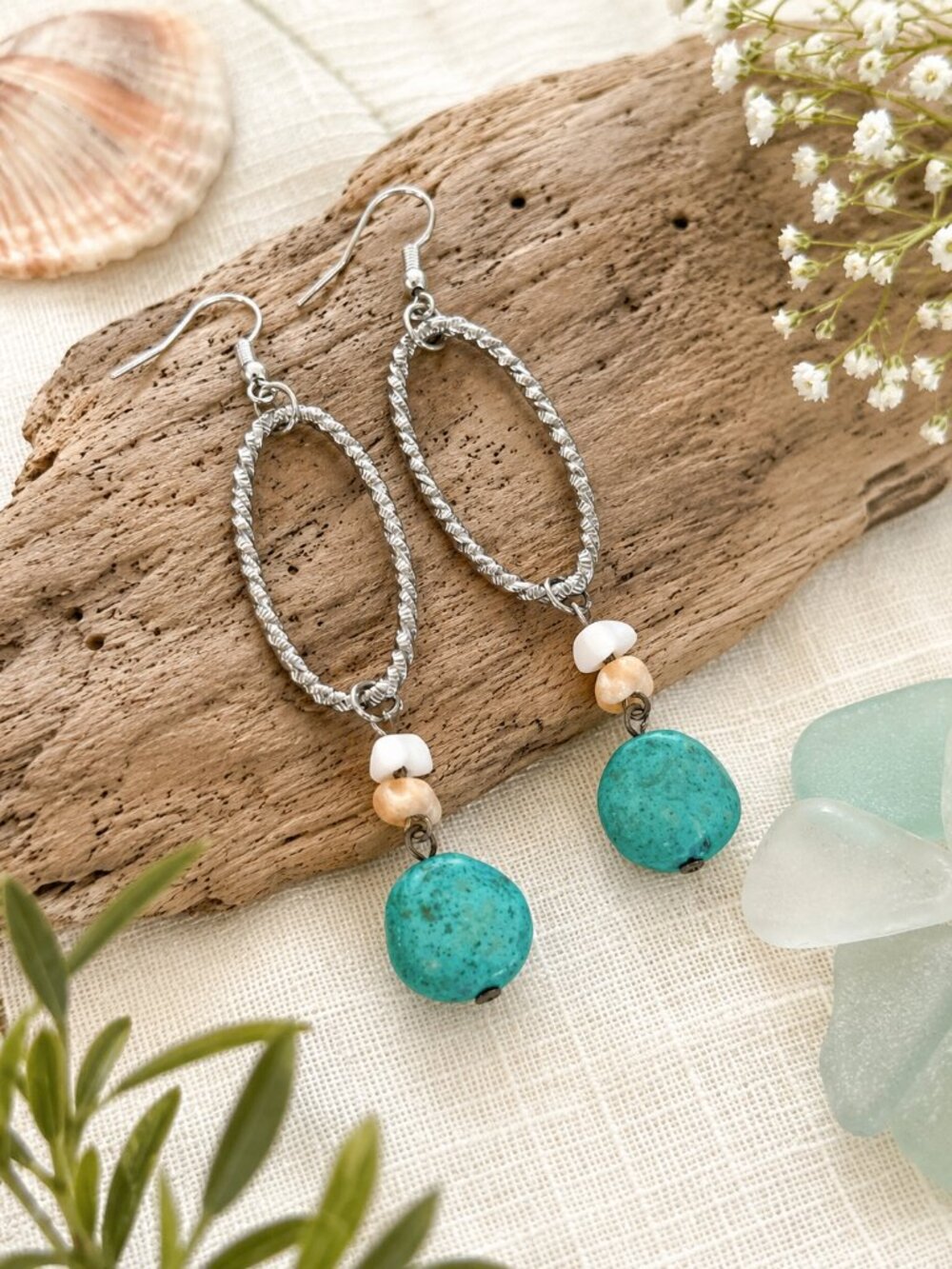 Coastal Turquoise Shell Dangle Earrings | Artisan Silver Tone Beach Style